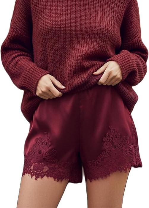 Women Silk Lace Trim Shorts Elastic Waist Y2k Cute Fairy Half Slip Coquette Pajamas Bottoms | Amazon (US)