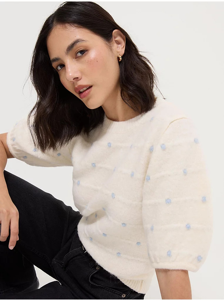 Cream Polka Dot Knitted Balloon Sleeve Top | George at ASDA