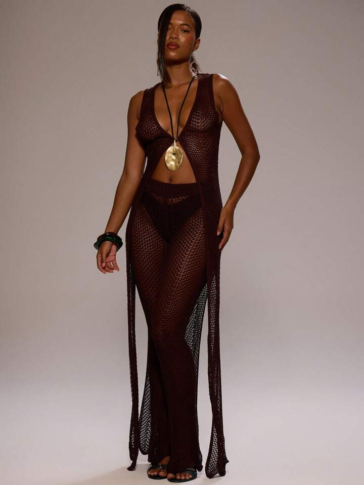 MUSERA Plunge Front Hook And Eye Crochet Knit Longline Sleeveless Top Only Cover Up Spring Summer Vacation Beach Swim Elegant Cute Sexy Boho Ibiza Festival Desert Orchid | SHEIN