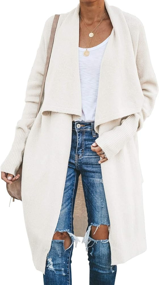 Exlura Women's Casual Waterfall Collar Cardigan Open Front Long Sleeve Knit Knee Length Sweater C... | Amazon (US)