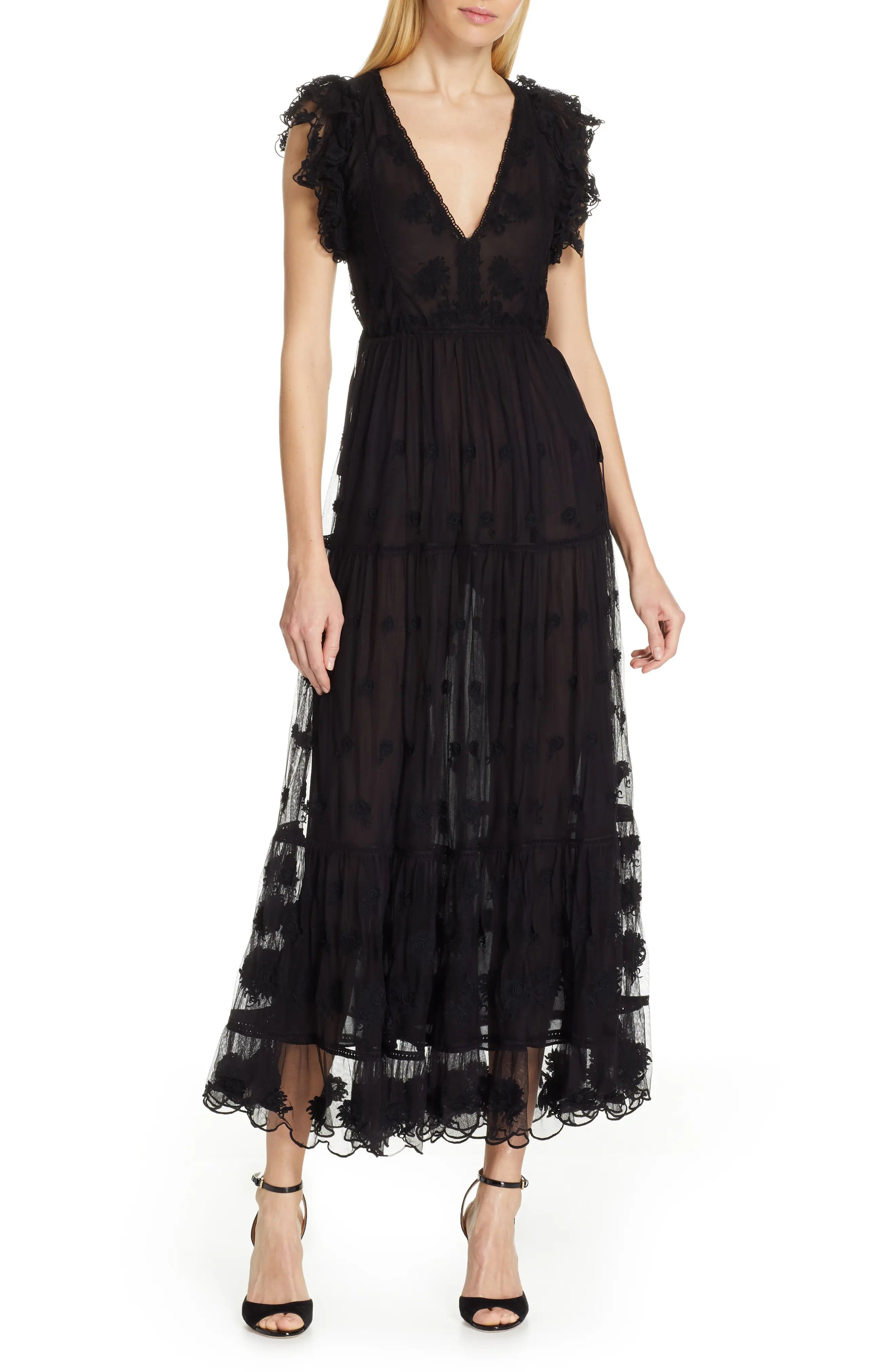 Women's Ulla Johnson Fifi Embroidered Tulle Maxi Dress, Size 0 - Black | Nordstrom