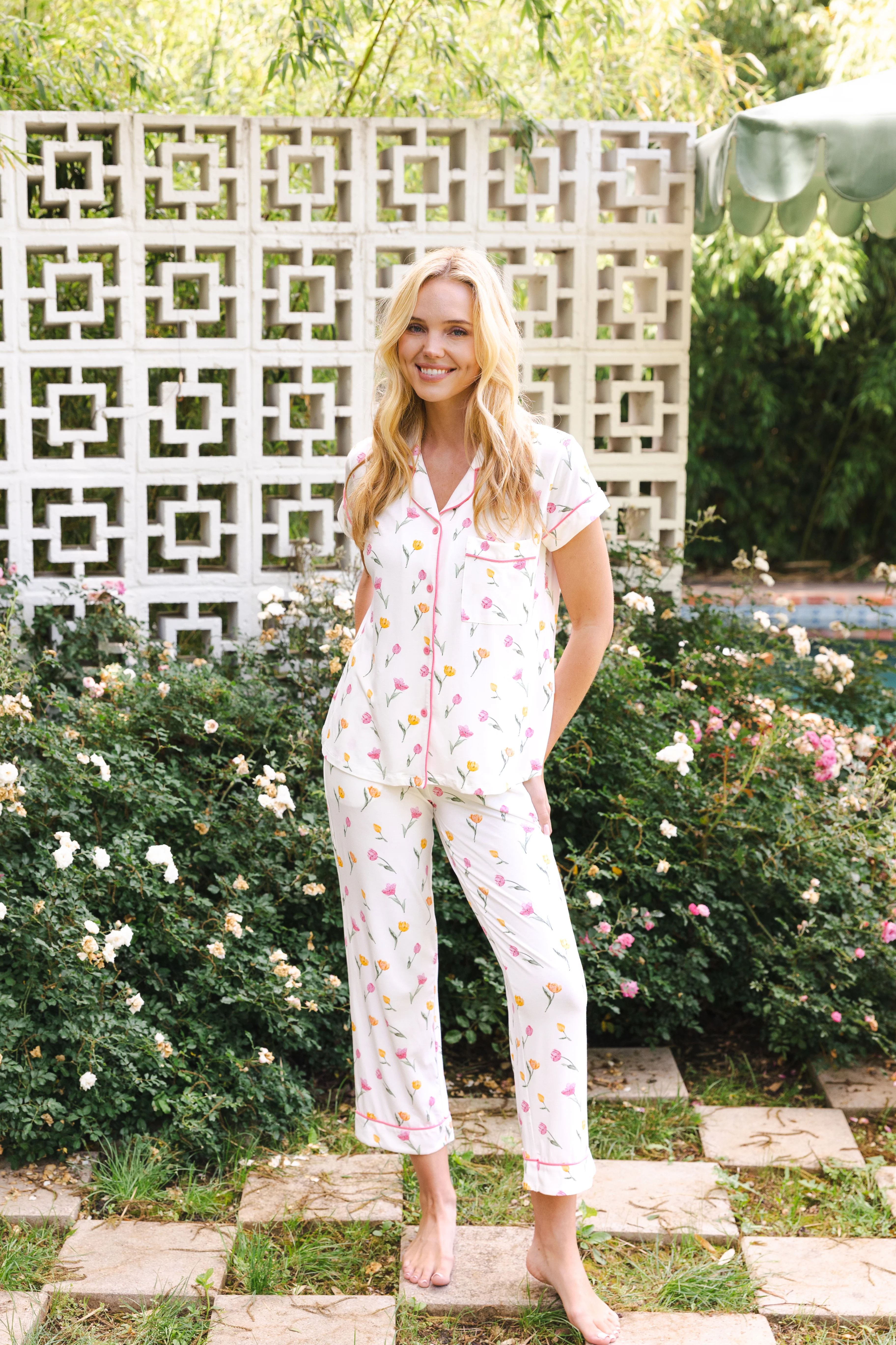 Women's Short Sleeve Cropped Pajama Set in Tulip | Kyte Living