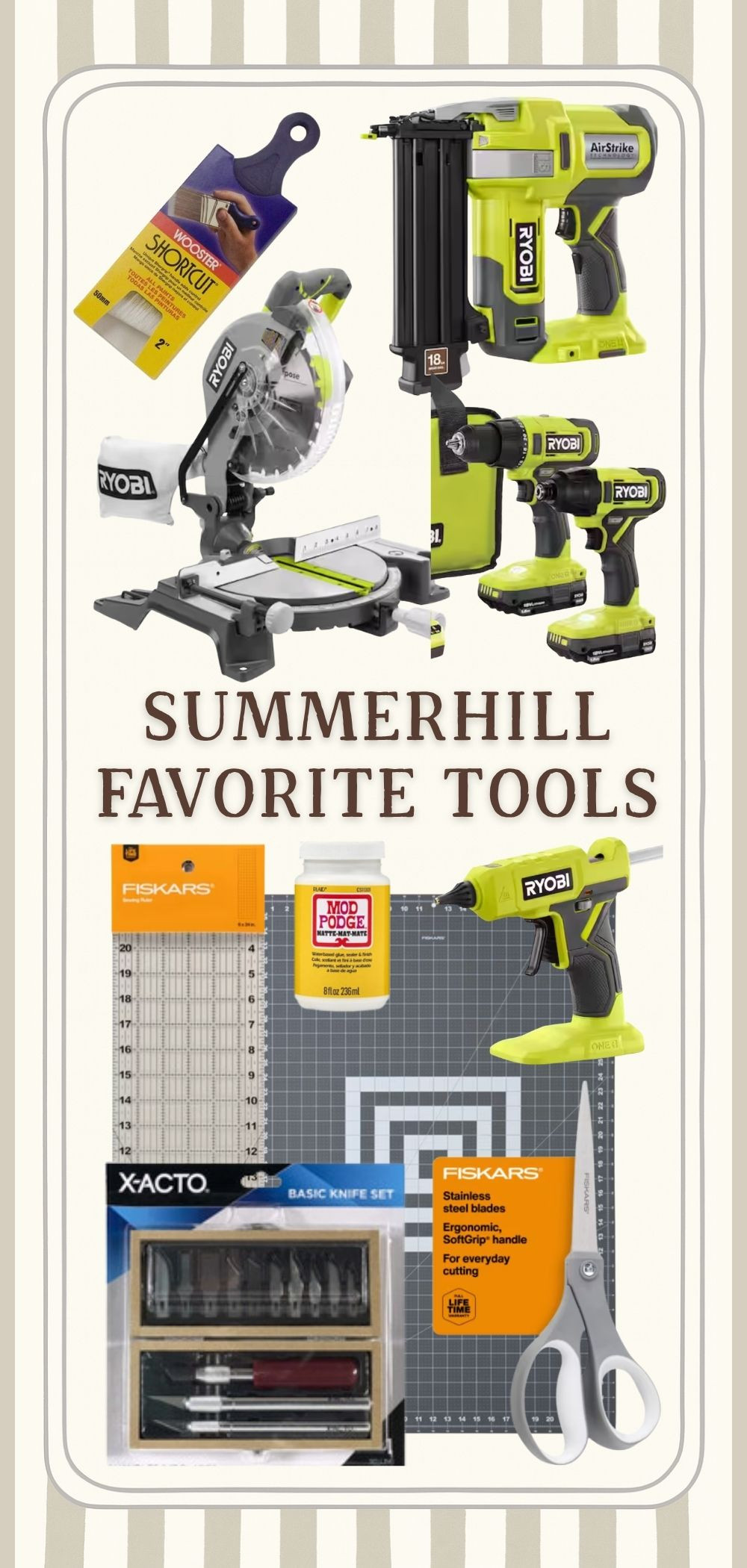 Sharing my favorite and most used tools here at Life on Summerhill.  Small tools like Fiskar cutting mat and scissors and larger woodworking tools such as miter saw. 

 #LTKHome
