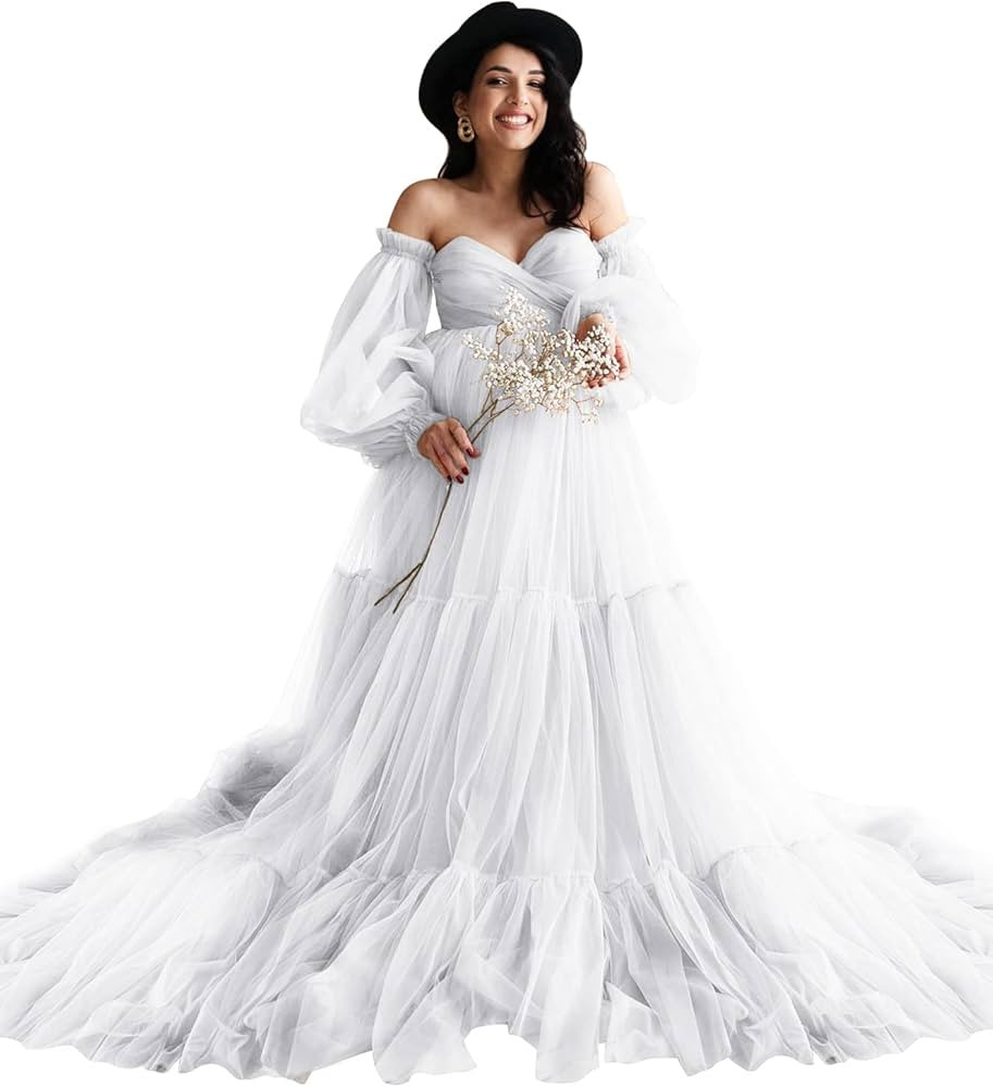 Fluffy Tulle Robe Sheer Maternity Dress for Photoshoot V Neck Bridal Lingerie Long Baby Shower Dr... | Amazon (US)