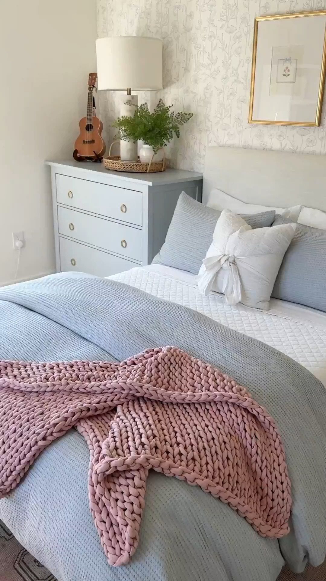 Shop my daughters, soft blue, white and blush pink bedroom! I love her blue and white floral wallpaper from Serena and Lily and her layered bedding with blue waffle duvet cover. Her throw blanket is a chunky weighted blanket for kids from Bearaby and it helps her calm down and fight nighttime worries. I warmed up the space with this scalloped woven nightstand from Serena and Lily and was worth the splurge!


#LTKKids #LTKHome