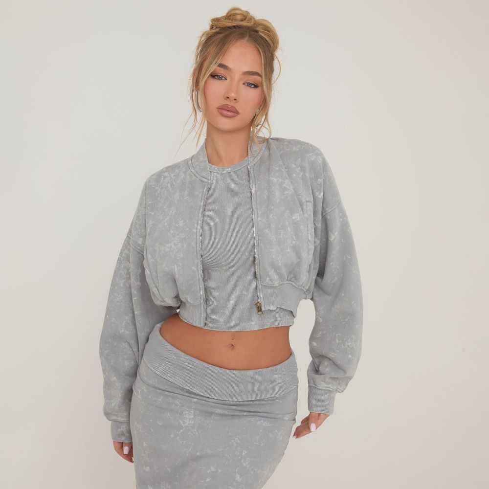Zip Through Cropped Hoodie In Grey Acid Wash | EGO Shoes (US & Canada)