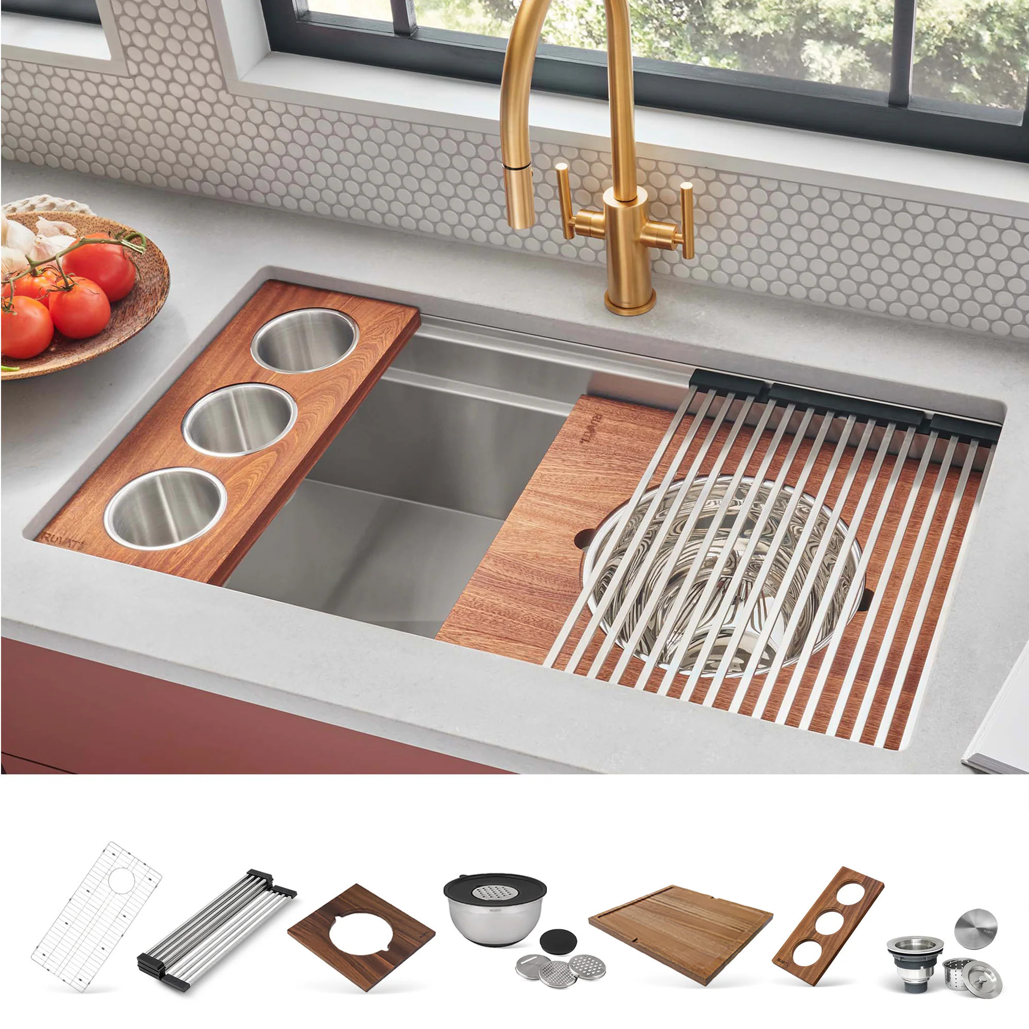 Ruvati Dual-Tier Undermount 33-in x 19-in Stainless steel Single bowl 16 -Gauge Workstation Kitchen Sink one_size | RVH8222 | Lowe's
