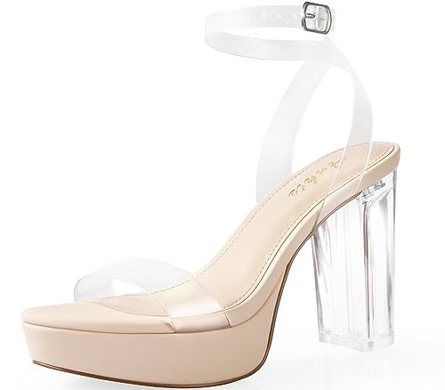 Ankis Platform Heels for Women 4 Inches Chunky Heels Sandals for Women Comfy Open Toe Block Heeled Sandals Nude White Silver Gold Black Ankle Strappy Heels | Amazon (US)