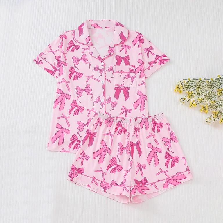 Censtreet Men's 2 Piece Pajama Set Bow Graphic Button Down Short Sleeve Lapel Shirt Pj Short Set | Walmart (US)