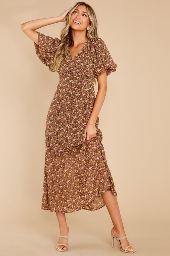 New Season Brown Floral Print Maxi Dress | Red Dress 