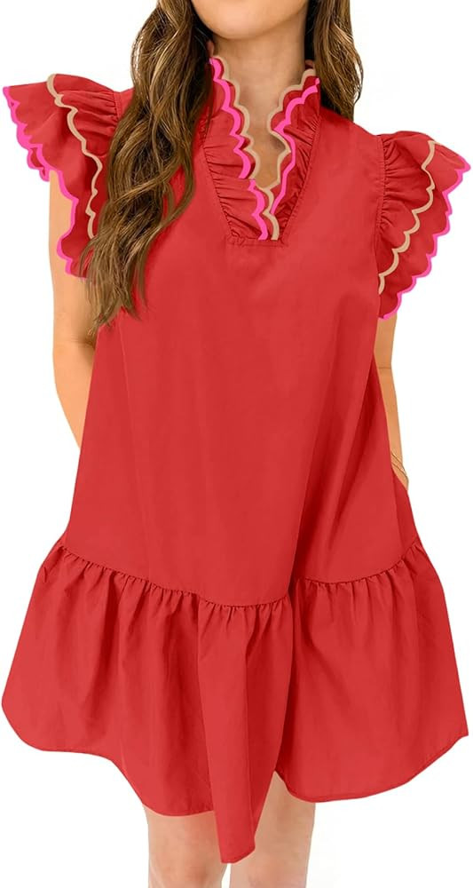 Wenrine Womens Summer Mini Dress Ruffle Short Sleeve V Neck Contrast Trim A Line Casual Loose Bea... | Amazon (US)