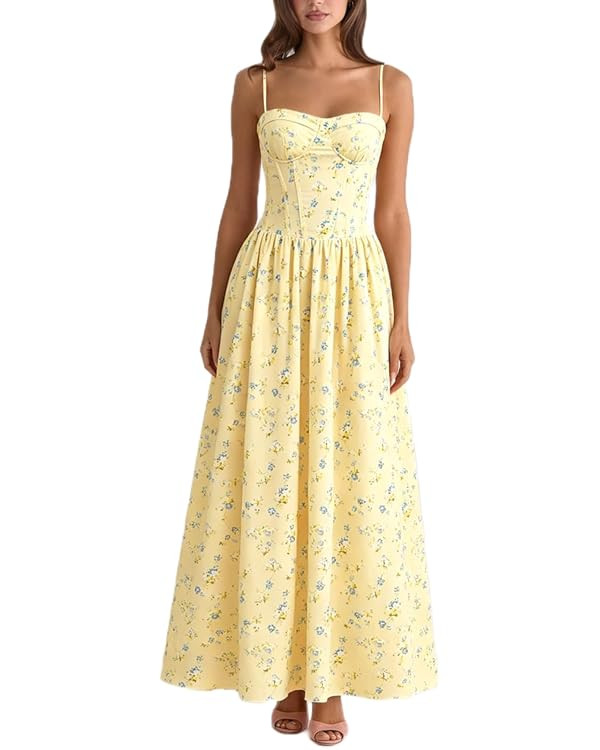 Floral Maxi Dress Sleeveless Spaghetti Strap A-Line Corset Summer Dress Boho Flowy Wedding Guest ... | Amazon (US)