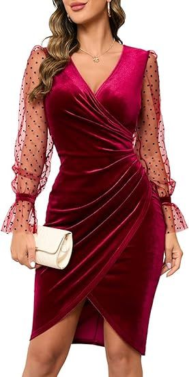 IHOT 2023 Women's Sexy V Neck Long Sheer Sleeve Velvet Faux Wrap Ruched Sheath Bodycon Cocktail P... | Amazon (US)