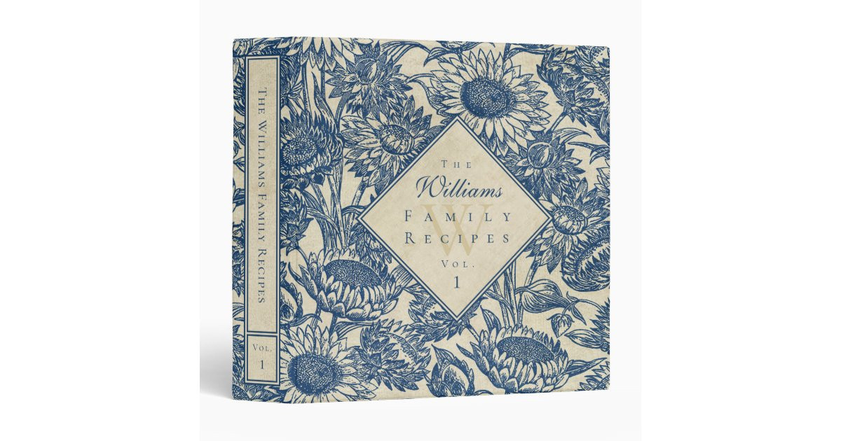 Vintage Sunflower Toile Navy Blue Recipe Binder | Zazzle | Zazzle