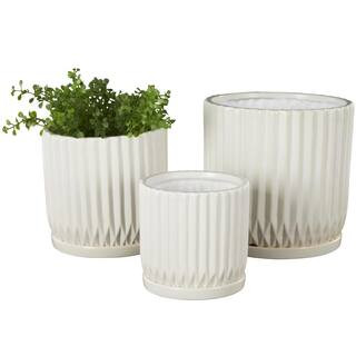 8 in., 7 in., and 5 in. Small White Ceramic Ribbed Planter with Attached Saucer (3- Pack) | The Home Depot
