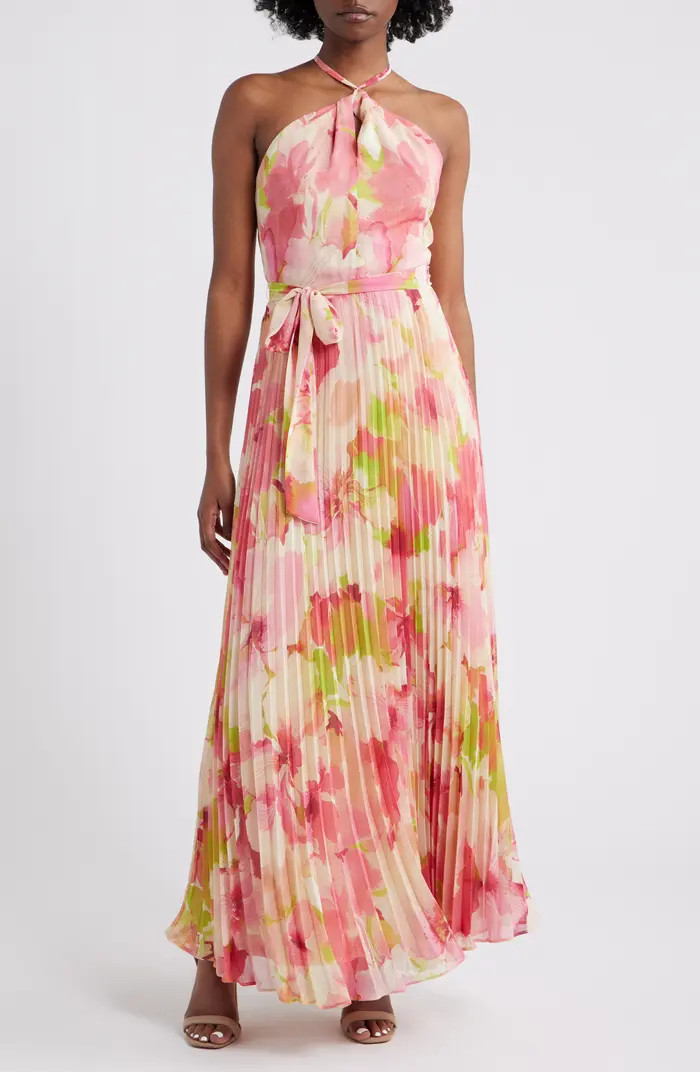 Floral Pleated Chiffon Halter Dress | Nordstrom