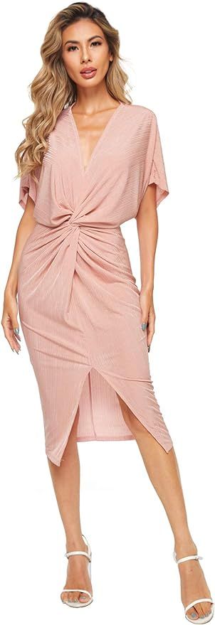 Floerns Women's Short Sleeve V Neck Twist Front Split Midi Dress Dusty Pink S at Amazon Women’s... | Amazon (US)