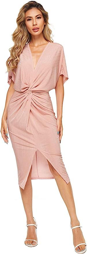 Floerns Women's Short Sleeve V Neck Twist Front Split Midi Dress Dusty Pink S at Amazon Women’s... | Amazon (US)