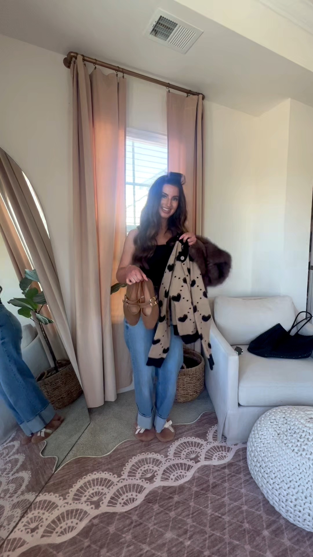 Neutral valentines day outfit 
Neutral heart print sweater
Black and brown heart print sweater 