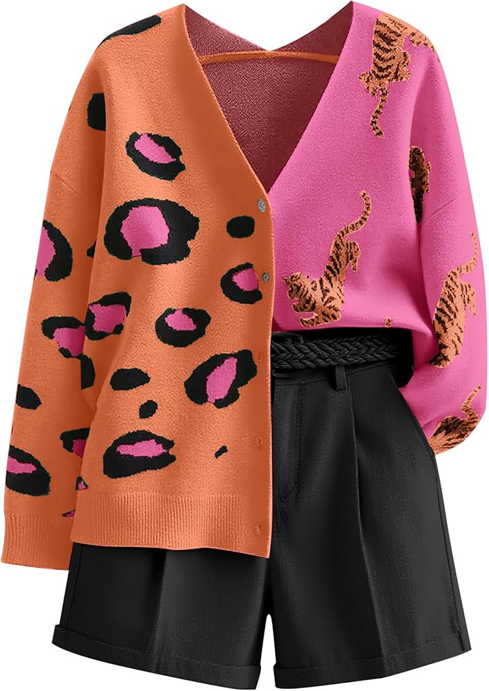 Leopard Cardigan Women Tiger Print Button Up Cardigans Color Block V Neck Sweaters Long Sleeve Ch... | Amazon (US)
