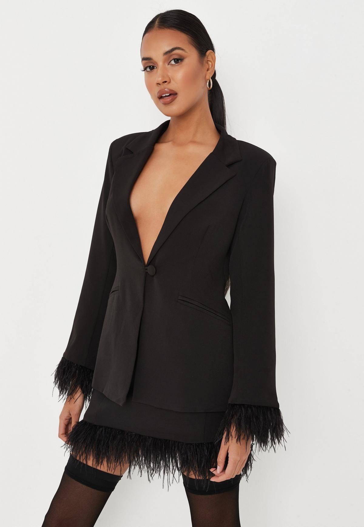 Missguided - Black Co Ord Feather Trim Blazer | Missguided (US & CA)