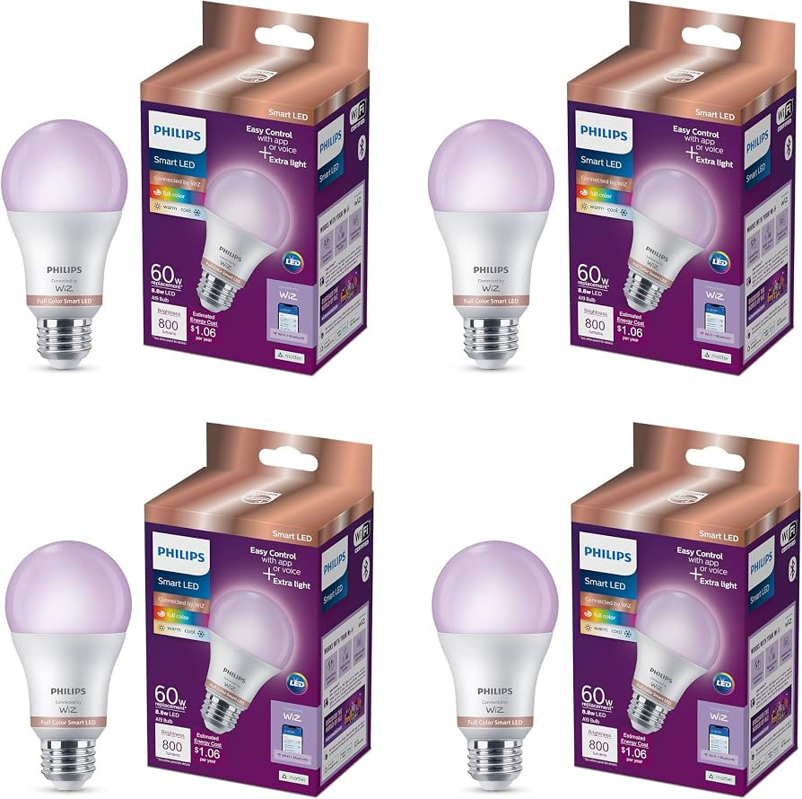 PHILIPS Smart LED Full Color Light Bulb 4-Pack, A19 60W 800LM E26 Indoor, Sunset to Sunrise Autom... | Amazon (US)