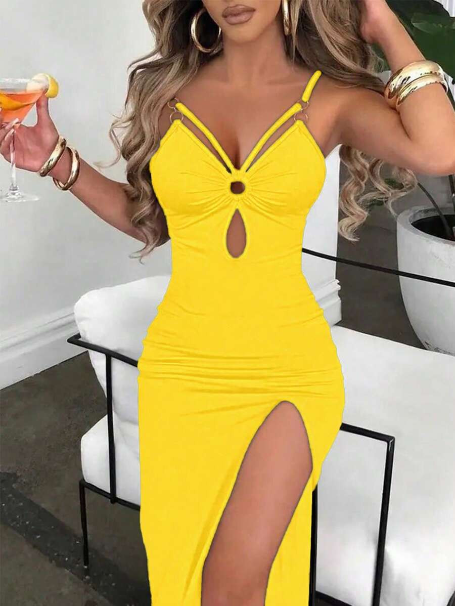 SHEIN Raffinéa Women's Summer Solid Color Ring Connection Pleated Slit Hem Long Slim Sexy Cami D... | SHEIN