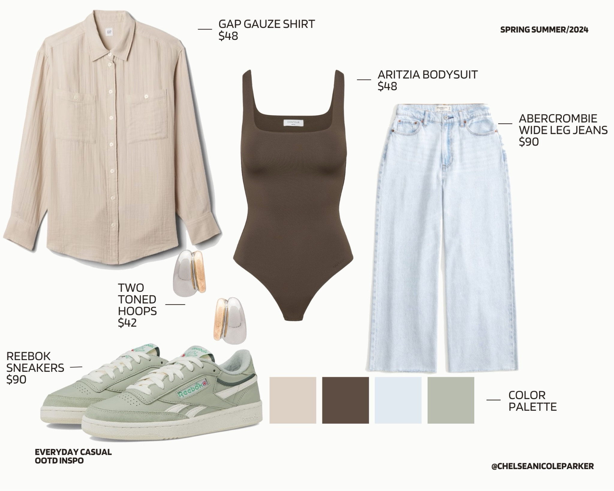 Gap Tan Gauze Oversized Button Up Shirt + Aritzia Brown Tank Bodysuit + Abercrombie Light Wash Denim Wide Leg Jeans + Reebok Green Sneakers + Revolve Two Toned Hoops Silver and Gold Earrings - Everyday Casual / Spring Outfit

#LTKfindsunder100 #LTKsalealert #LTKfindsunder50