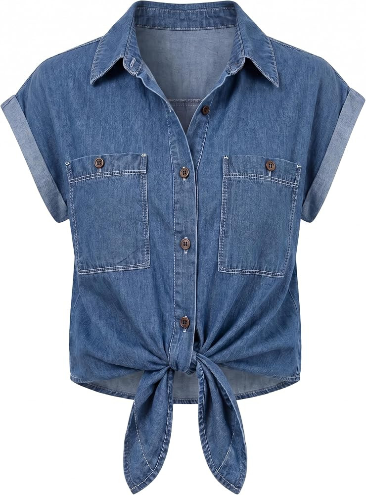 Omoone Womens Denim Shirt Button Down Short Sleeve Chambray Top | Amazon (US)