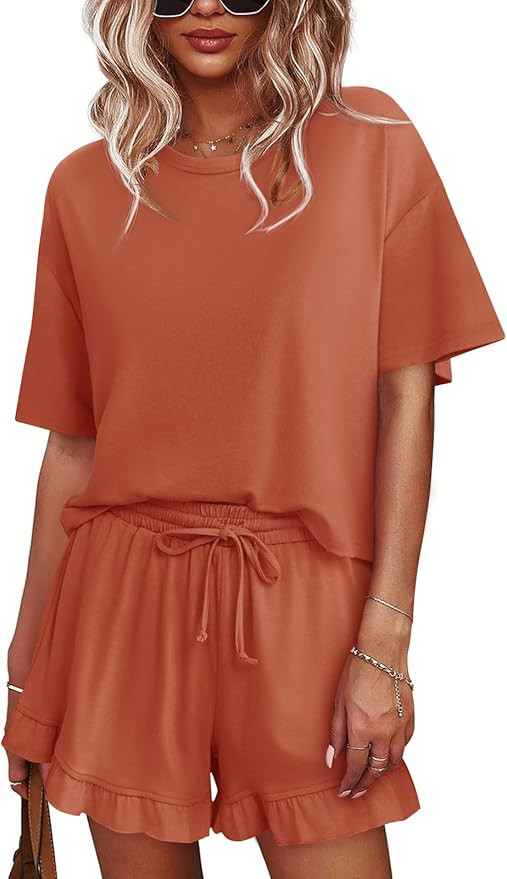 Tankaneo Womens Pajamas Set Lounge Sets Cropped Short Sleeve T Shirts Drawstring Ruffle Shorts So... | Amazon (US)