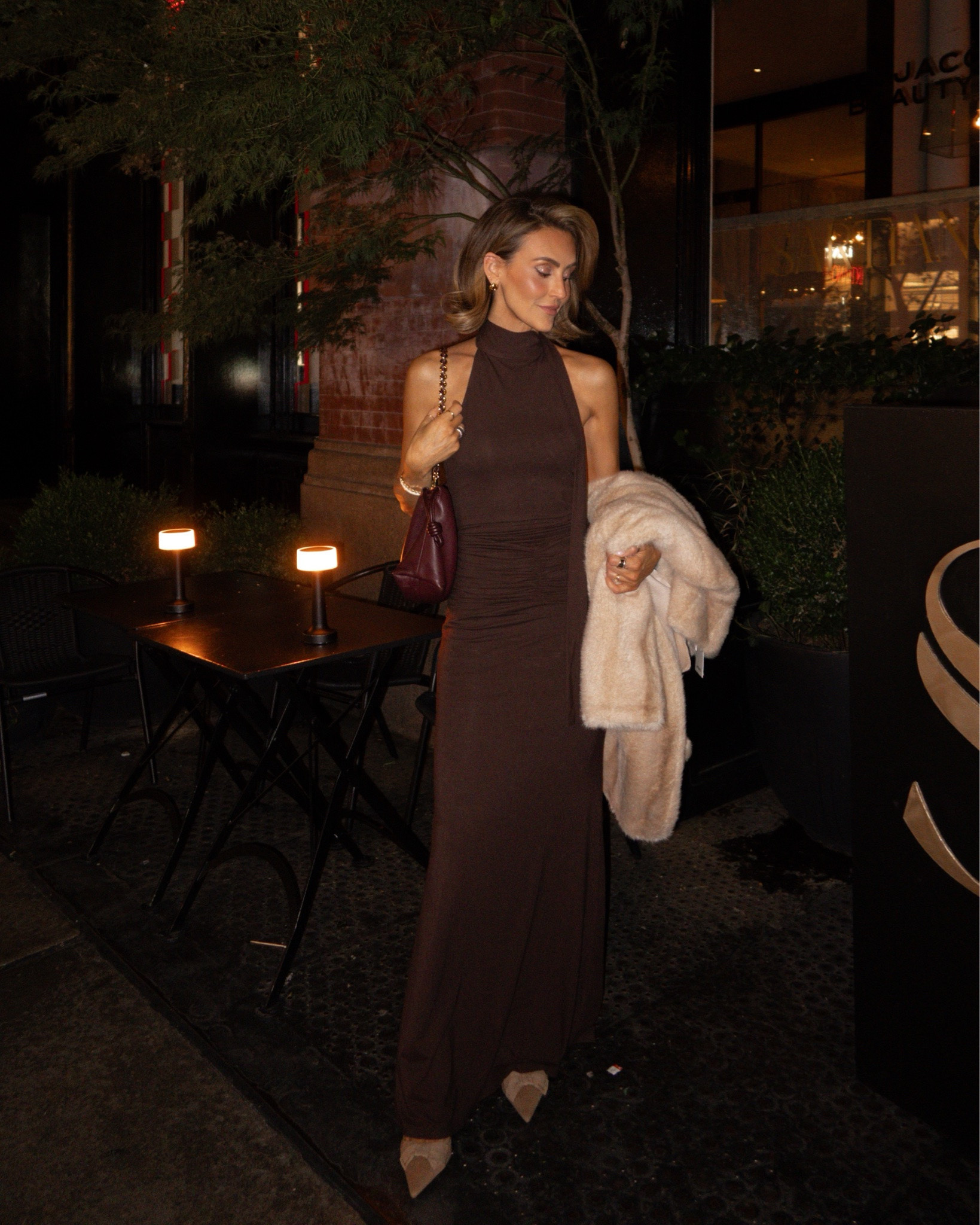 Dinner and drinks outfit! 
Size xs in dress and faux fur coat! New Prada shoes, walked tons in it, no blisters!

#LTKootd #LTKSeasonal #LTKOver40