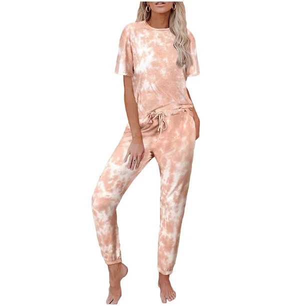 Selfieee Women's Tie Dye Pajamas Long Sets V-Neck Short Sleeve Pants Sleepwear Pj Sets 30044 Oran... | Walmart (US)