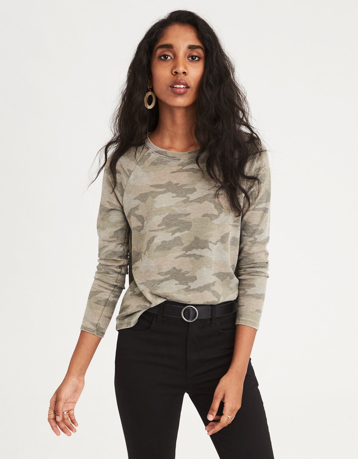 AE Long Sleeve Waffle T-Shirt, Olive | American Eagle Outfitters (US & CA)