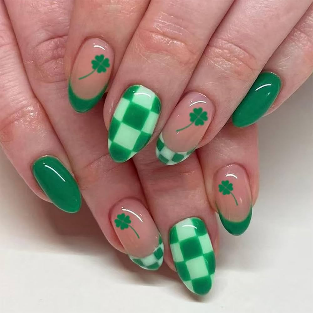 24Pcs St. Patrick's Day Press on Nails Medium Almond Fake Nails Green Shamrock French False Nails... | Amazon (US)