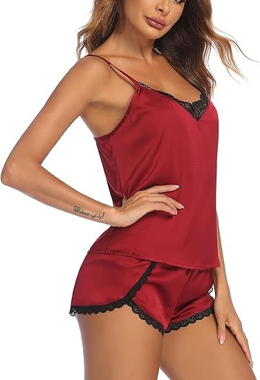Ekouaer Womens Pajama Sets Sexy Lingerie Satin Sleepwear Cami Shorts Set V Neck Pj Lace Nightwear | Amazon (US)