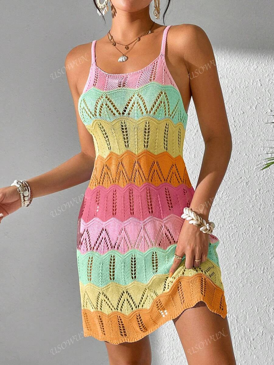 Women's Summer Boho Holiday Beach Vacation Outfits Contrast Color Patchwork Hollow Out Knit Slip ... | SHEIN