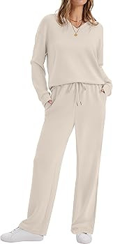 WIHOLL Lounge Sets for Women 2025 V Neck 2 Piece Outfits Airport Wide Leg Pants Matching Set Swea... | Amazon (US)