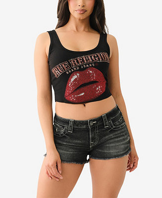 Women's Crystal Lips Raw Hem Scoop Neckline Tank T-Shirt | Macy's