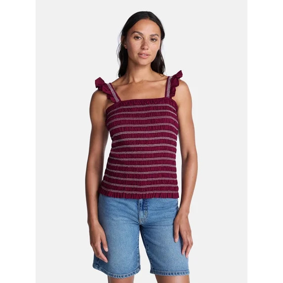 Time and Tru Women's Smocked Cotton Tank Top with Ruffle Straps, Sizes XS-XXXL | Walmart (US)