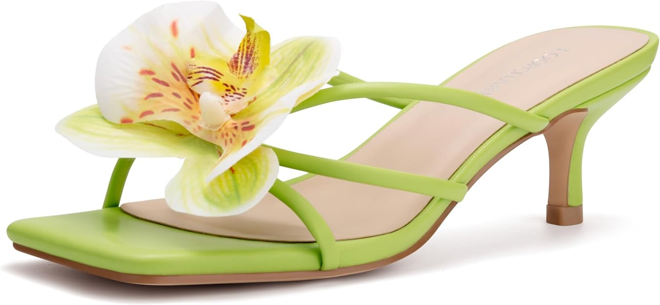 Women's Flower Kitten Heel Strappy Square Open Toe Sandals | Elegant Slip-On Mule Style Dress San... | Amazon (US)