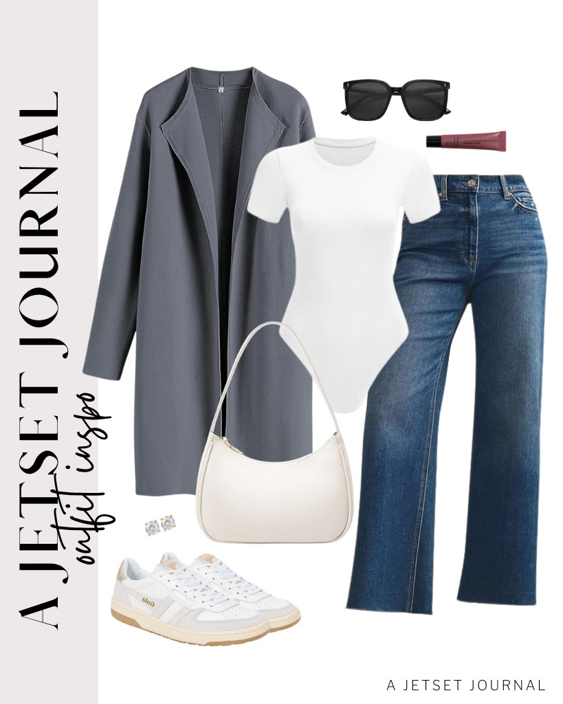 The last outfit is a white top and jeans, layered with a dark gray long cardigan. You can wear Gola Hawk sneakers and a white shoulder bag. Pop some stud flat-back earrings to finish the look. 

 #LTKSeasonal #LTKSaleAlert
