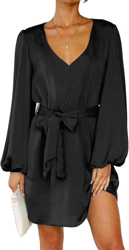 PRETTYGARDEN Women's Spring Long Puff Sleeve Satin Dress V Neck Cocktail Party Belted Short Dress... | Amazon (US)