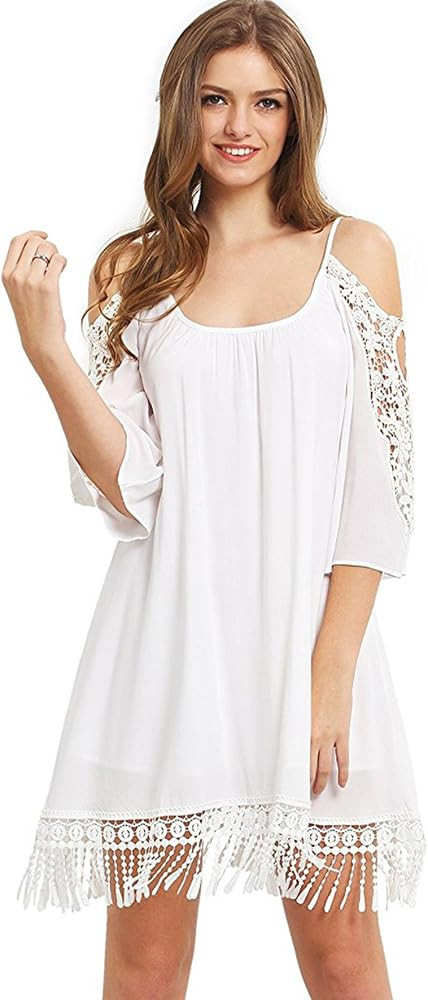 Women's Summer Cold Shoulder Crochet Loose Beach Dress | Amazon (US)