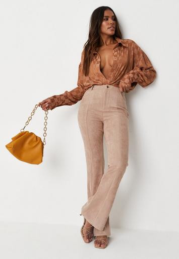Missguided - Stone Suedette Flare Trousers | Missguided (UK & IE)