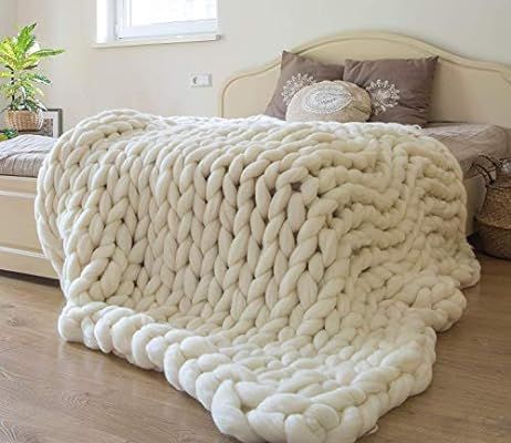 ERLYEEN Chunky Knit Blanket Merino Wool Hand Made Throw Boho Bedroom Home Decor Giant Yarn,Milk W... | Amazon (US)