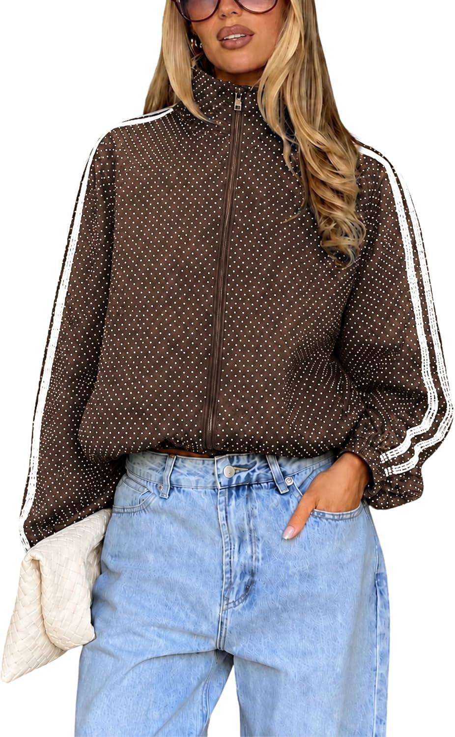 Womens Polka Dot Zip Up Jacket Lace Trim Casual Cropped Outwear | Amazon (US)