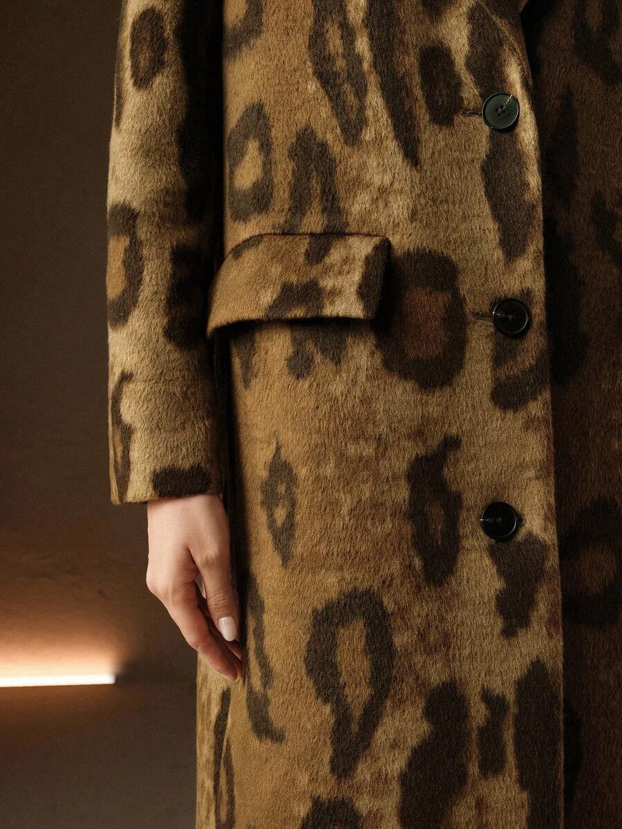 Anewsta Brown Animal Leopard Print Single-Breasted Notched Collar Long Sleeve H-Line Long Overcoa... | SHEIN