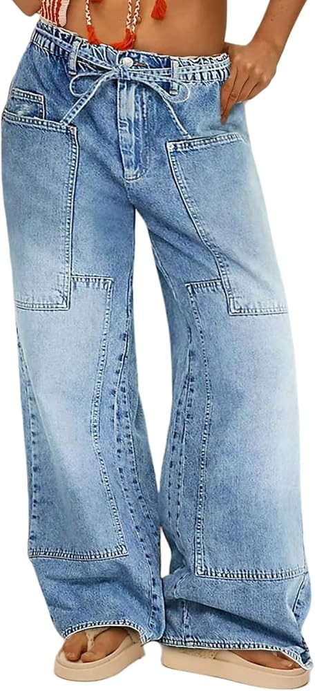 Women Wide Leg Jeans Elastic Mid Waist Belt Baggy Jeans Loose Casual Boyfriend Y2K Denim Pants wi... | Amazon (US)