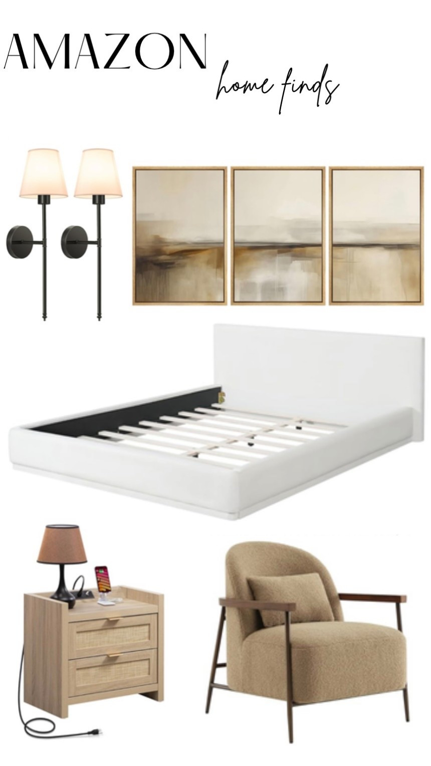 Bed frame, accent chair, wall sconce, wall art, nightstand 

#LTKHome #LTKSaleAlert