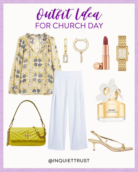 Shop this modest yet stylish outfit for church day: a ruffled collar blouse, white pants, gold slingback kitten heels, a leather shoulder bag, and more!
#sundaysbest #beautypicks #outfitidea #summerfashion

#LTKItBag #LTKShoeCrush #LTKBeauty